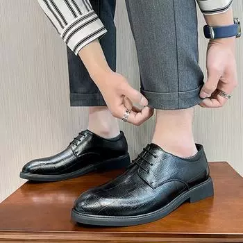 Брендовые свадебные кожаные туфли мужские весенние молодежные дышащие трендовые британские деловые повседневные туфли 66773-P 38 чёрный