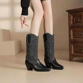 Брендовые высококачественные ковбойские сапоги женские зимние новые модные туфли для женщин на квадратном каблуке в стиле вестерн сапоги до середины голени Botas Mujer 35