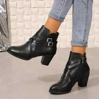 Брендовые женские ботинки с пряжкой на ремне, модные, с боковой молнией, для офиса и карьеры, новые, с круглым носком, ботильоны, женская обувь 35 чёрный