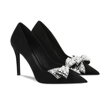 Брендовые женские сексуальные туфли на высоком каблуке, модные туфли-лодочки на шпильке с бантом, туфли-лодочки с острым носком, новый тренд, дизайнерская вечерняя женская обувь Mujer 37 чёрный