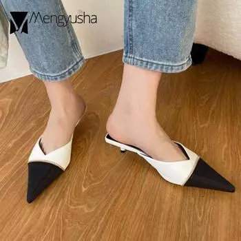 Брендовые женские тапочки из кожи в стиле пэчворк, разноцветные, черные/белые, мюли, шлепанцы с цепочками, женские босоножки на каблуке-рюмочке 5 чёрный