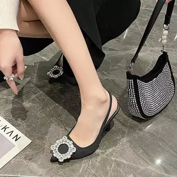 Брендовые женские туфли-лодочки, роскошные летние туфли на высоком каблуке с открытой пяткой и кристаллами, удобные вечерние свадебные туфли на треугольном каблуке 34