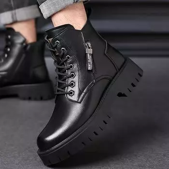 Брендовые зимние черные толстые рабочие туфли в британском стиле с большим носком, кожаные туфли, модные ботинки на шнуровке и с плюшевой изоляцией 38 чёрный