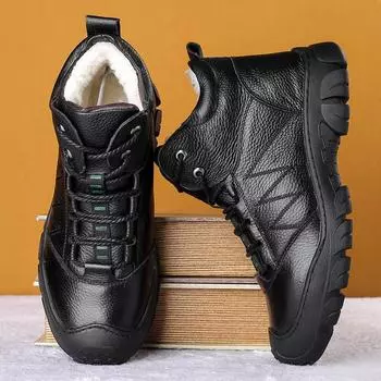 Брендовые зимние мужские ботинки для снега, теплые плюшевые мужские ботинки, водонепроницаемые кожаные ботинки для бега на открытом воздухе, нескользящие мужские ботинки для походов Sneakerst6 38 чёрный