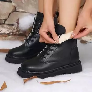 Брендовые зимние женские ботинки на шнуровке и молнии с круглым носком, твердые плюшевые теплые водонепроницаемые ботинки на платформе для поездок на работу 35 чёрный