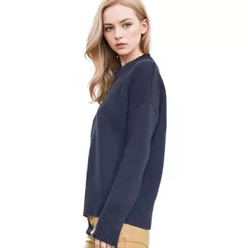 Брендовый женский свободный повседневный однотонный пуловер с круглым вырезом на весну и осень S темно-синий