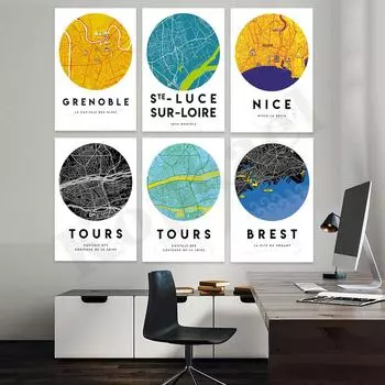 Брест Дюнкерк Ницца Сен-Люс-сюр-Луар Гренобль Анжер. Цветная карта города. Художественный постер для домашнего декора стен 21cm30cm NoFrame