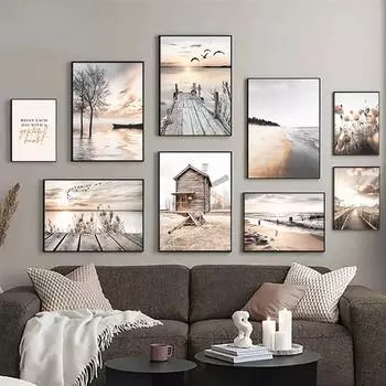 Бревенчатый домик, озеро, мост, цветок, птица, побережье, настенная живопись на холсте, современный декор для гостиной, постеры и принты, настенные картины для дома A4 21X30cm No Framed