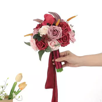 Bridal Bouquet Artificial Flowers Fake Flower Bridesmaid Toss for Valentine s Day Red