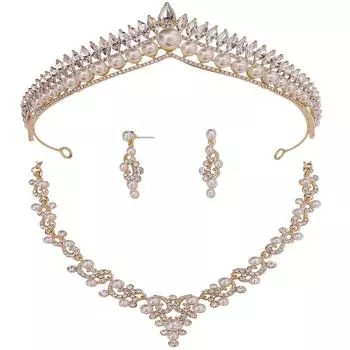 Свадебный комплект из трех предметов: свадебная корона-тиара с жемчугом и стразами, ожерелье, серьги, аксессуары для свадебного платья