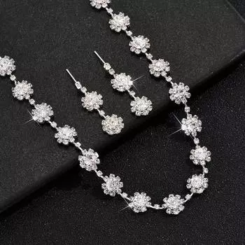Bridal Flower Diamond Necklace Earrings Bracelet Three-Piece Set