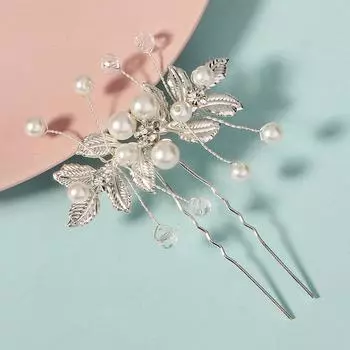 Bridal jewelry pearl hairpin wedding party hairpin headdress silver leaf pearl handmade U-shaped pin