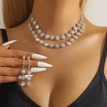 Bridal Jewelry Set, European and American Amazon Series, Rhinestone Full Diamond Necklace, Earrings, Bracelet Three-piece Set