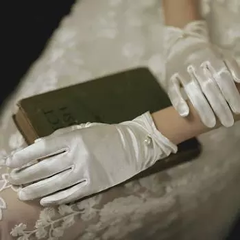 Bridal Lolita JK Five Finger Korean Driving Mittens Full Finger Gloves Pearl Women Wedding Gloves бежевый