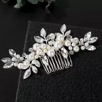 Bridal wedding hair comb white pearl disc hair elegant headgear hand-woven light luxury wedding rhinestone plug comb серебряный