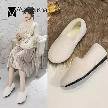 Brief cotton shoes women rabbit fur round toe loafers classical style slip on moccasins creepers cozy warm flats woman2024 4.5 чёрный