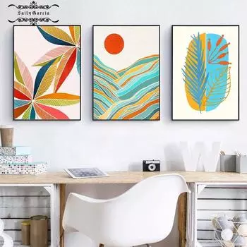 Яркие цветные картины на холсте с изображением листьев и растений, плакат с изображением солнца, горного пейзажа, скандинавского минимализма, настенные художественные картины для гостиной, домашнего декора 21*30cm