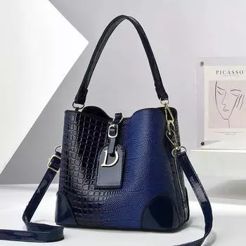 Bright leather bucket bag, women s bag, crocodile pattern handbag, shoulder bag, textured messenger bag. 21*12*19 чёрный