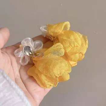Bright Yellow Gauze Flower Romantic Fairy Fresh Spring Summer Tide Stud Earrings Girlish Style Eardrops Fashion Ornament A pair of yellow duckbill ear clips