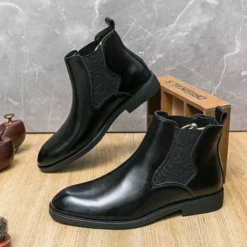 Briish Style Elastic Band Carving Chelsea Boots for Men Ankle Business Round Toe Mens Boots Free Shipping Size 38-46 Men Shoes 38