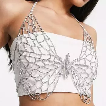 Бриллиантовая цепочка для тела, цепочка на грудь с бабочкой, супер вспышка, европейские и американские модные летние пляжные сексуальные аксессуары для бикини золотистый