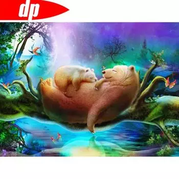 Алмазная картина Полная круглая вышивка медведя Полный набор живописных страз Фотографии 20X30CM