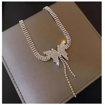 Бриллиантовое колье-бабочка с кисточкой, цепочка на ключицу с насекомым серебряный