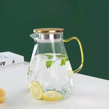 Бриллиантовый чайник для холодной воды Бытовой Желтый Ручной Большой емкости Высокоборосиликатное стекло Чайник для холодной воды Сок Цветочный чай Напиток Чайник для холодной воды 1500ml