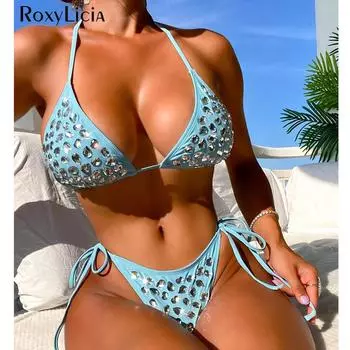 Бриллиантовый Стразы Холтер Бикини Женский Купальник Женский Купальник Из Двух Частей Бикини Комплект С Высоким Вырезом Купальник Купальный Костюм S светло-синий