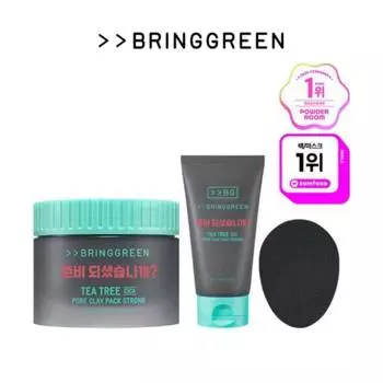 [Bring Green+Squid Game] Маска для лица Tea Tree Cica Pore Clay сильная 100 г + 100 г + Squid Game 2 Frontman Очищающая губка
