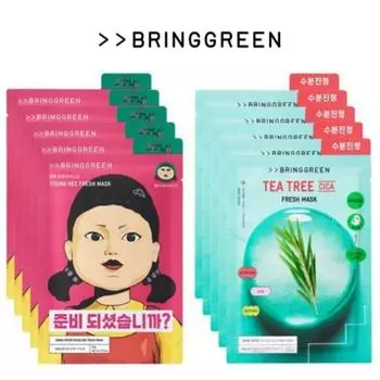 [Bring Green+Squid Game] Маска Fresh 10 листов (Чайное дерево Cica 5 листов + Young Hee 5 листов)
