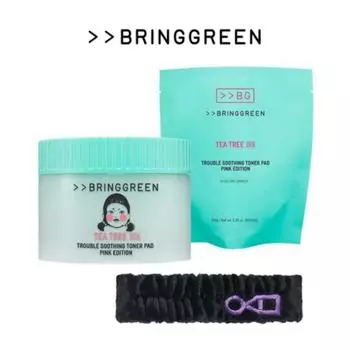 [Bring Green+Squid Game] Успокаивающие тонер-диски Tea Tree Cica Trouble, розовая версия, 90 листов + сменный блок, 90 листов + стиральная лента Squid Game 2