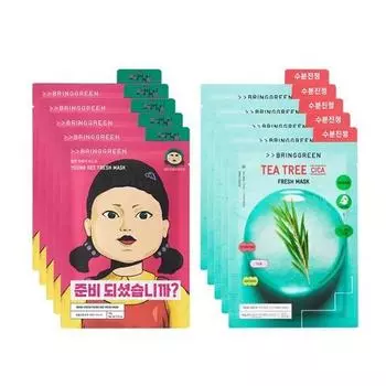 BRING GREEN Tea Tree Cica Fresh Mask + Young Hee Fresh Mask Set 10 предметов [ИЗДАНИЕ С ИГРОЙ КАЛЬМАРА] P000DZGI - Face Mask