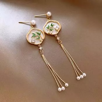 Bring In Wealth and Treasure Gourd Earrings Female Earrings Fancy Accessible Luxury Xuanxue Wangcai Earrings New Chinese Style National Style Earrings New Chinese style green leaf tassel