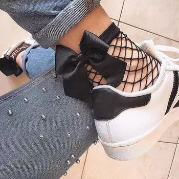 [brisand] женские высокие носки до щиколотки в сеточку с рюшами, короткие носки в сеточку с кружевом и рыбной сеткой One Size чёрный