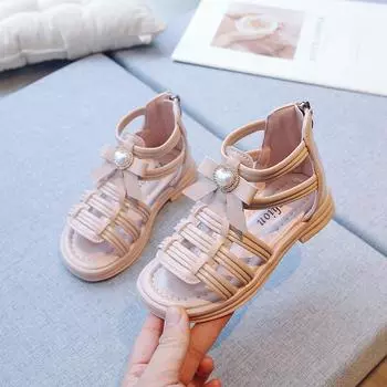 Britain Style Bow with Love Pearls Hollow Open-toe Classic Kids 2024 Sweet Princess Fashion Girls Sandals GLADIATOR Back Zipper 26 чёрный
