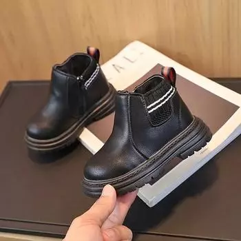 Britain Style Boys Sock Boots Versatile Soft Breatheable Children Fashion Leather Boots for Girls Non-slip Side Zipper 2024 New 21 чёрный