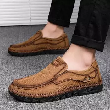 Британская кожаная обувь Кожаные мужские повседневные одинарные туфли Обувь ручной работы Сшитая повседневная кожаная обувь 38 хаки