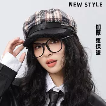 Британская ретро-шлем в клетку восьмиугольной формы с утолщенным кожаным краем, термоберет для осени и зимы, кепка для газетчика M56-58cm чёрный