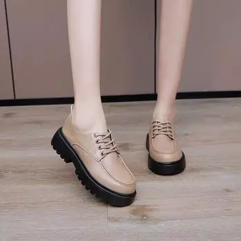 Британская женская мода толстая подошва увеличивающая рост не устающие ноги поддержка свода стопы удобная мягкая амортизация нескользящая повседневная спортивная кожаная обувь 35 хаки