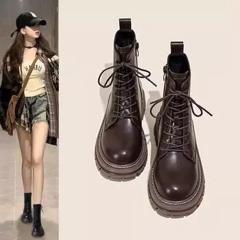 Британские ботинки Martin, весенние, на толстой подошве, с ремешком, увеличивающие рост, мягкие кожаные коричневые тонкие короткие женские ботинки 35