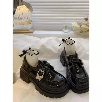 Британские черные туфли из кожи с пряжкой-бантом, весенние и летние носки с юбкой, туфли Мэри Джейн 35