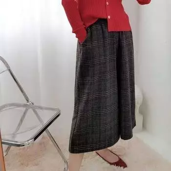 британские клетчатые шерстяные брюки маленькие большие размеры свободные брюки для поездок на работу с высокой талией толстые широкие брюки кюлоты женские осень и зима L 90-70 kg