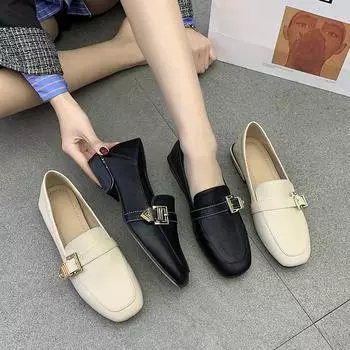 Британские кожаные туфли женские модные вечерние туфли на низком каблуке туфли-лодочки с ремнем повседневные туфли с квадратным носком туфли на высоком каблуке 2024 Новинка EUR 35 бежевый