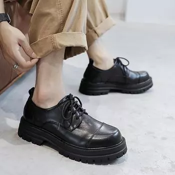 Британские маленькие кожаные туфли мужские ретро-ботинки на шнуровке черные рабочие туфли весна-осень с круглым носком на платформе одинарные туфли 65221-T 38 чёрный