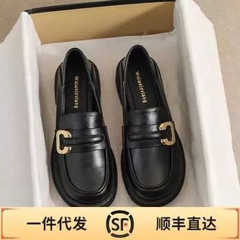 Британские маленькие кожаные туфли женские 2024 новые ретро туфли на плоской подошве однотонные туфли без застежек на мягкой подошве женские туфли большого размера 35 чёрный