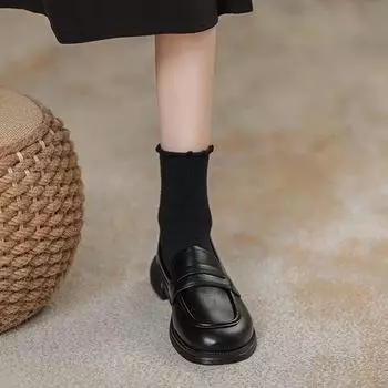 Британские маленькие кожаные туфли женские весенние черные мокасины 2025 новые туфли Doudou с одной педалью плоские одинарные туфли 35 чёрный