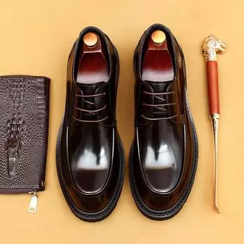 Британские повседневные кожаные туфли мужские деловые деловые кожаные туфли с большой головкой из лакированной кожи на глянцевой платформе мужские туфли 37 чёрный