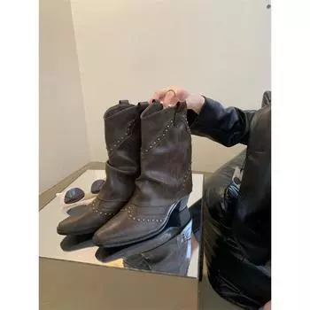 британские ретро-сапоги в стиле рыцаря 2025 года с острыми носками и рукавами на среднем каблуке средней высоты с заостренным носком и тонкими модными ботинками 35 коричневый