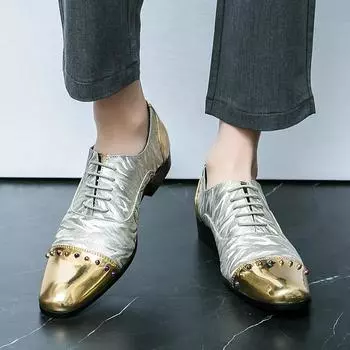 Британские роскошные мужские туфли из золотистой серебряной кожи, кожаные мокасины для деловых вечеринок и свадеб, туфли-челси с заклепками и острым носком38-47 38 серебряный